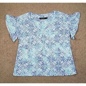 Ralph Lauren Women's Blue Geo Printed Flutter Sleeve Top Embroidered Logo Sz S